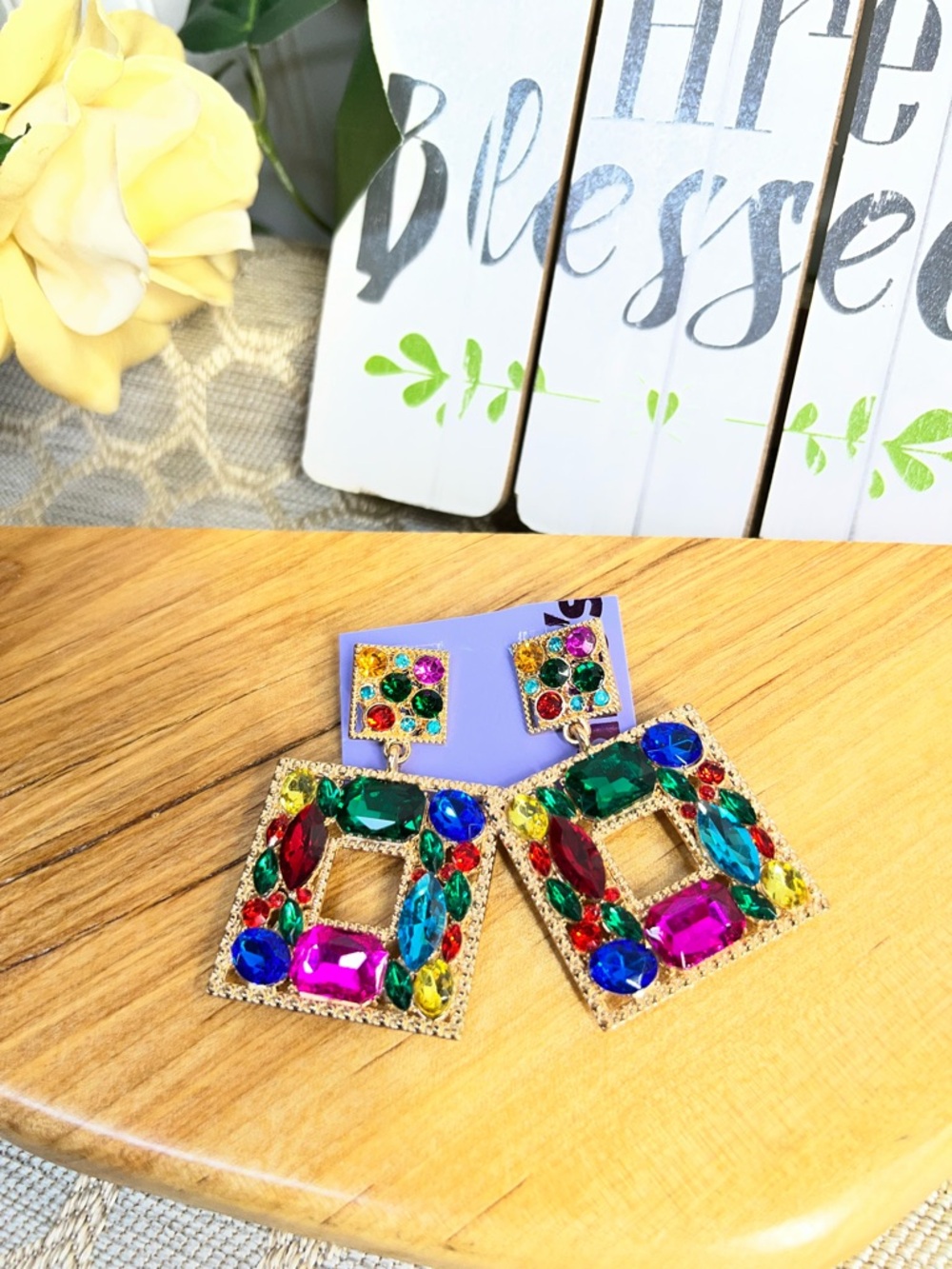 Colorful Multigem Square Statement Earrings